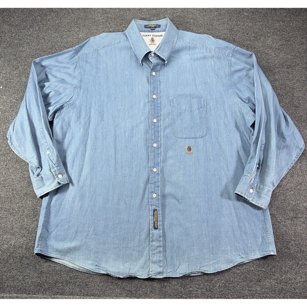 Mens Tommy Hilfiger Button Down Shirt 18-35 Blue Crest Logo Vintage 100% Cotton